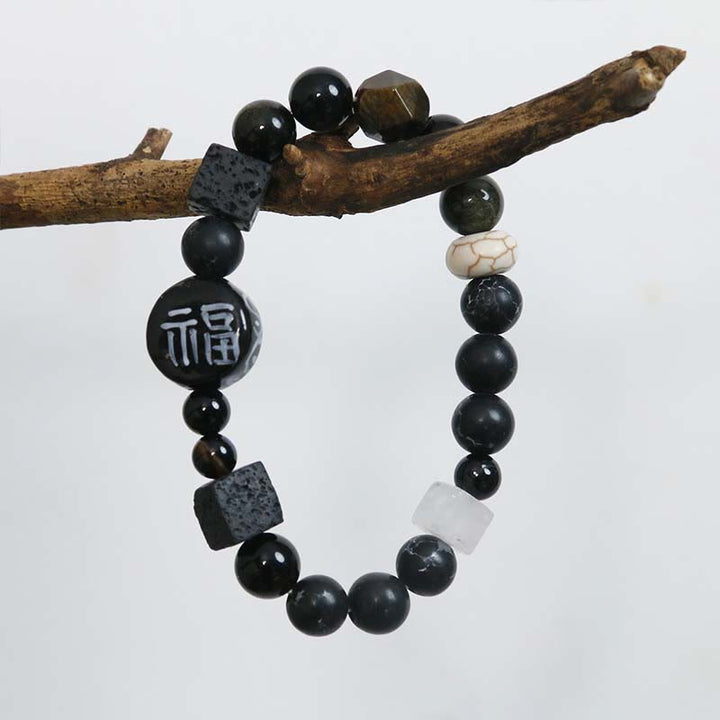 Buddha Stones, schwarzer Onyx, Keramik, Achat, schwarzer Glitzerstein, Fortune Fu-Charakter-Armband