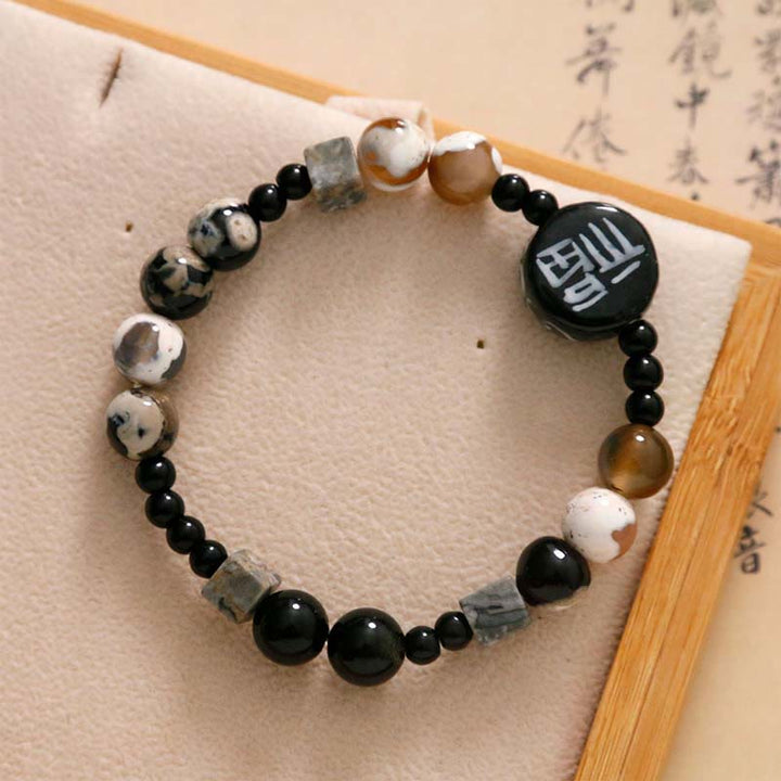 Buddha Stones, schwarzer Onyx, Keramik, Achat, schwarzer Glitzerstein, Fortune Fu-Charakter-Armband