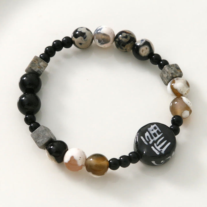 Buddha Stones, schwarzer Onyx, Keramik, Achat, schwarzer Glitzerstein, Fortune Fu-Charakter-Armband