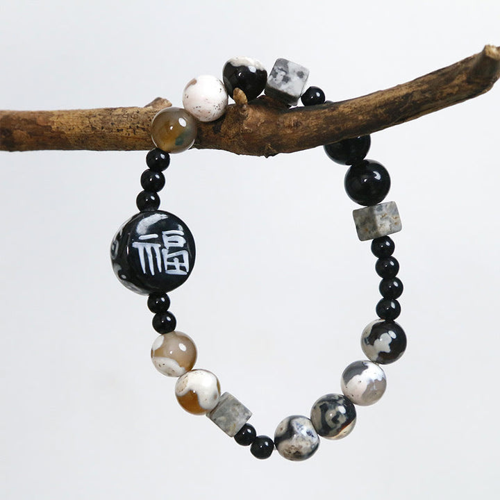 Buddha Stones, schwarzer Onyx, Keramik, Achat, schwarzer Glitzerstein, Fortune Fu-Charakter-Armband