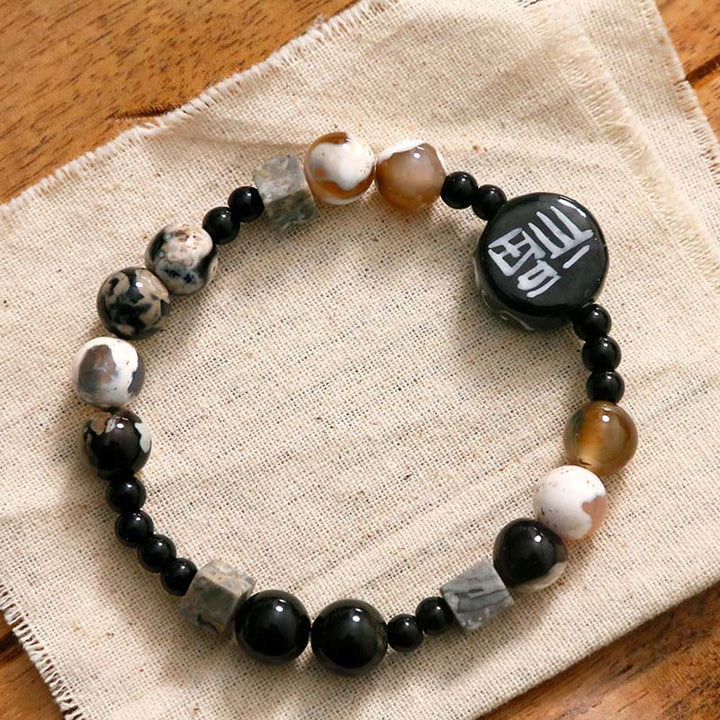 Buddha Stones, schwarzer Onyx, Keramik, Achat, schwarzer Glitzerstein, Fortune Fu-Charakter-Armband