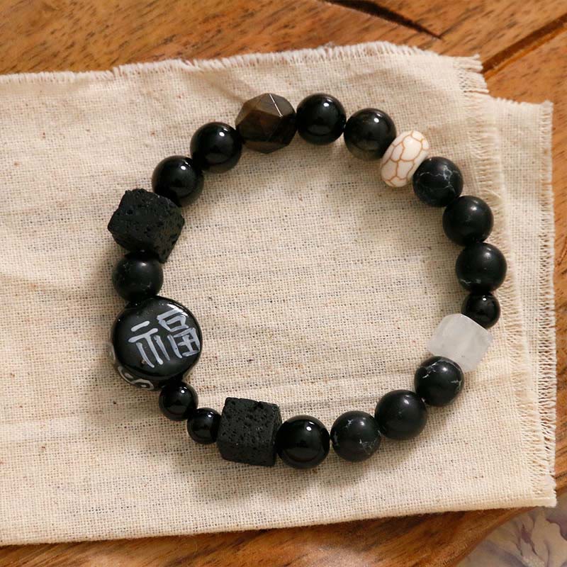 Buddha Stones, schwarzer Onyx, Keramik, Achat, schwarzer Glitzerstein, Fortune Fu-Charakter-Armband