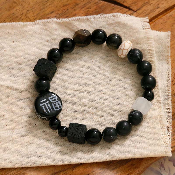 Buddha Stones, schwarzer Onyx, Keramik, Achat, schwarzer Glitzerstein, Fortune Fu-Charakter-Armband