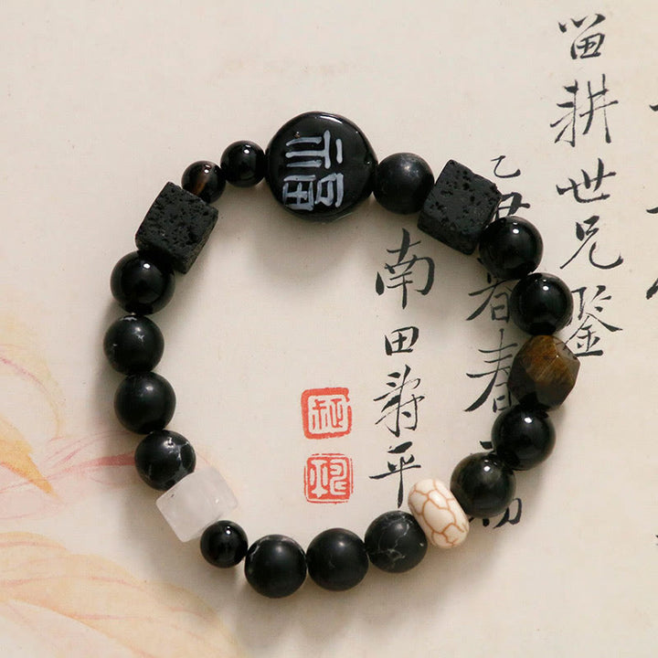 Buddha Stones, schwarzer Onyx, Keramik, Achat, schwarzer Glitzerstein, Fortune Fu-Charakter-Armband