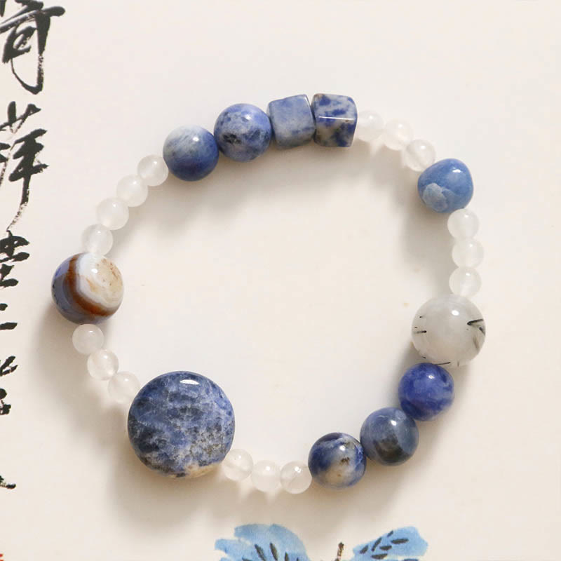 Buddha Stones Armband, blauer Aventurin, Achat, Jade, schwarzer Rutilquarz