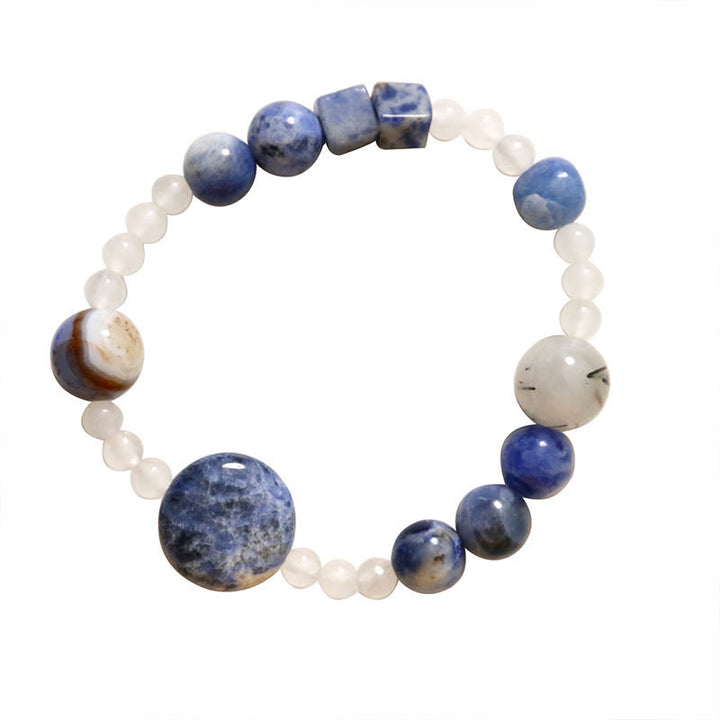 Buddha Stones Armband, blauer Aventurin, Achat, Jade, schwarzer Rutilquarz