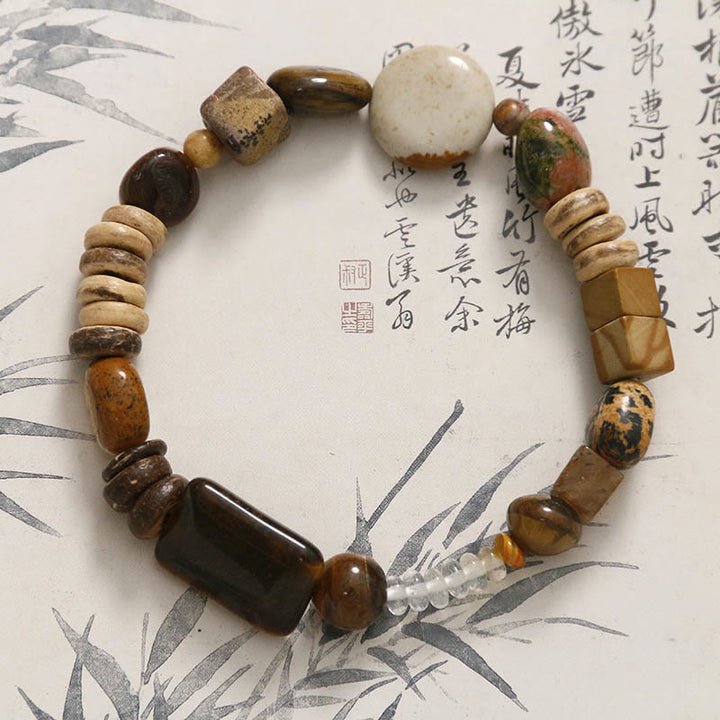 Buddha Stones Kokosnussschale Tigerauge Mut Armband