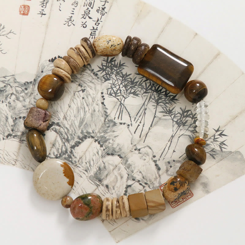 Buddha Stones Kokosnussschale Tigerauge Mut Armband