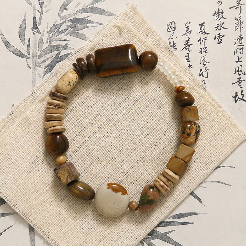 Buddha Stones Kokosnussschale Tigerauge Mut Armband