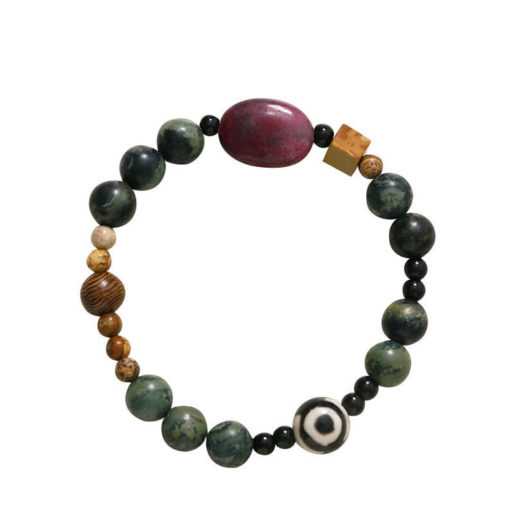 Buddha Stones Armband mit dreiäugigen Dzi-Perlen aus grünem Achat und Krafterfolg