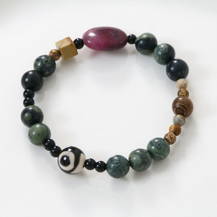 Buddha Stones Armband mit dreiäugigen Dzi-Perlen aus grünem Achat und Krafterfolg