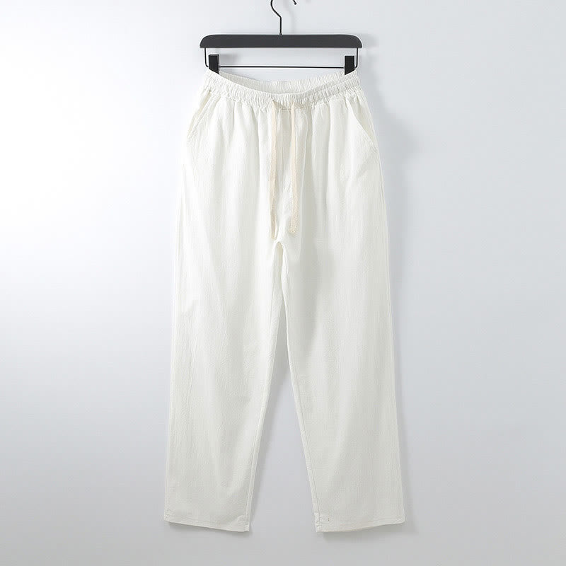Buddha Stones Herrenhose aus Baumwoll-Leinen-Mischgewebe, einfarbig, lässig und locker geschnitten, mit Taschen - Weiß - US/UK/AU54, EU64 (9XL) - image 1