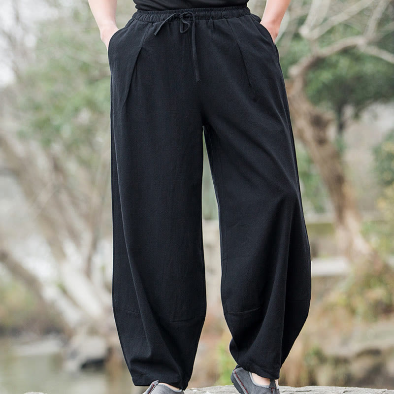 Buddha Stones Plain Casual Leinen Bloomer Herrenhose mit Taschen - Schwarz - US/ UK/AU44，EU54 (5XL) - image 1
