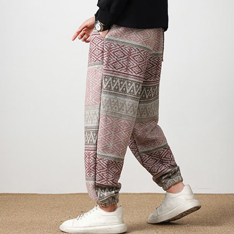 Buddha Stones Jacquard Strick Lässige Herrenhose aus Baumwolle mit Taschen