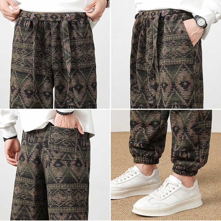 Buddha Stones Jacquard Strick Lässige Herrenhose aus Baumwolle mit Taschen