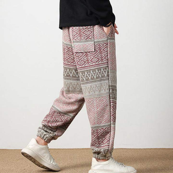 Buddha Stones Jacquard Strick Lässige Herrenhose aus Baumwolle mit Taschen