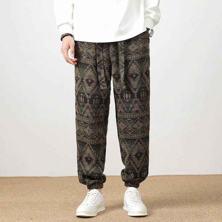 Buddha Stones Jacquard Strick Lässige Herrenhose aus Baumwolle mit Taschen