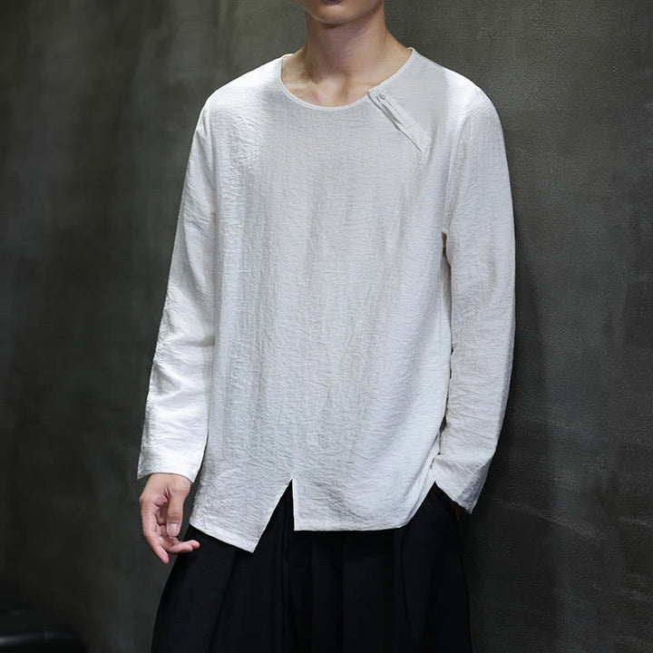 Buddha Stones, einfarbiges, lockeres Herrenhemd mit langen Ärmeln und Rundhalsausschnitt - image 3