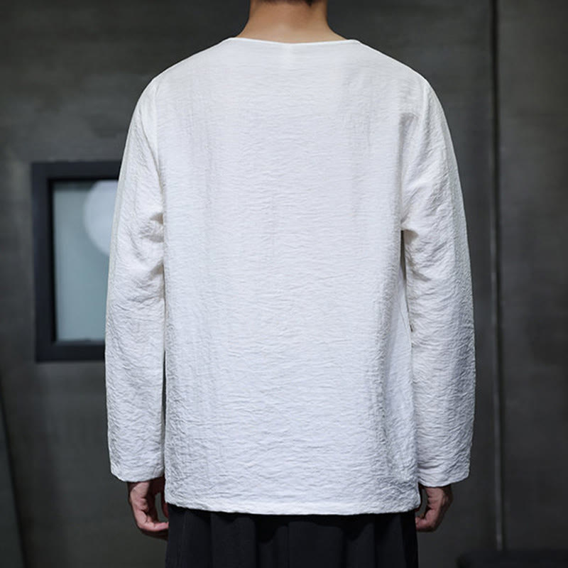 Buddha Stones Einfarbige, lockere Langarm-Herrenhemden aus Baumwolle mit Rundhalsausschnitt - image 2