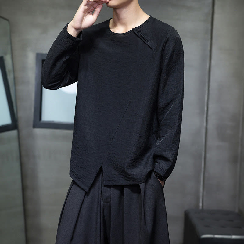 Buddha Stones, einfarbiges, lockeres Herrenhemd mit langen Ärmeln und Rundhalsausschnitt - image 28