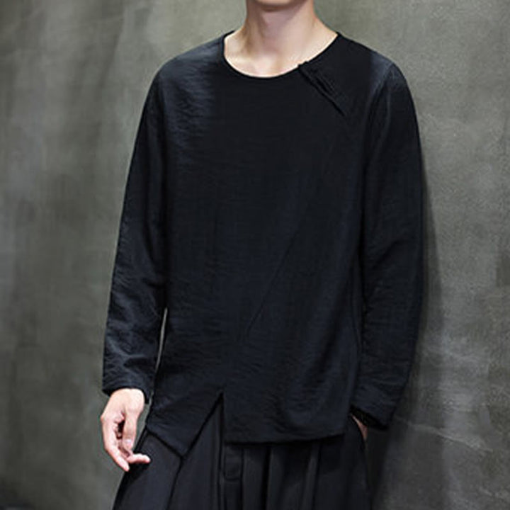 Buddha Stones Einfarbige, lockere Langarm-Herrenhemden aus Baumwolle mit Rundhalsausschnitt - image 30