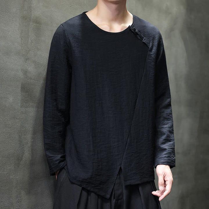 Buddha Stones Einfarbige, lockere Langarm-Herrenhemden aus Baumwolle mit Rundhalsausschnitt - image 31