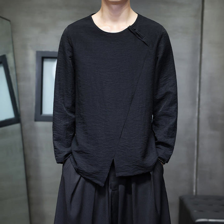 Buddha Stones, einfarbiges, lockeres Herrenhemd mit langen Ärmeln und Rundhalsausschnitt - Schwarz - US/ UK/AU44, EU54 (5XL) - image 24