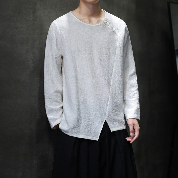 Buddha Stones Einfarbige, lockere Langarm-Herrenhemden aus Baumwolle mit Rundhalsausschnitt - image 7