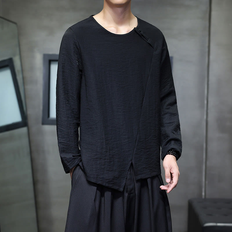 Buddha Stones Einfarbige, lockere Langarm-Herrenhemden aus Baumwolle mit Rundhalsausschnitt - image 27