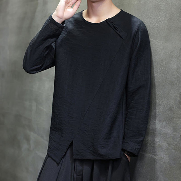 Buddha Stones Einfarbige, lockere Langarm-Herrenhemden aus Baumwolle mit Rundhalsausschnitt - image 33