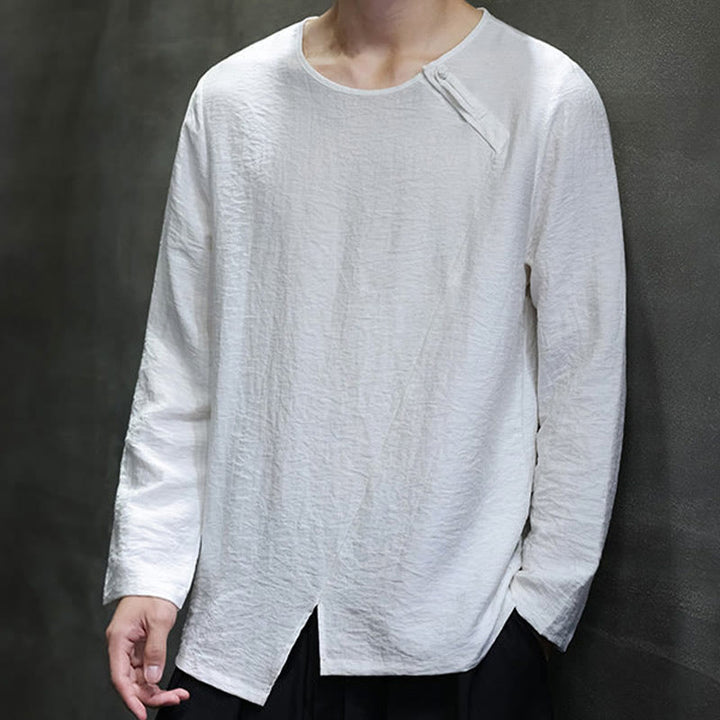 Buddha Stones, einfarbiges, lockeres Herrenhemd mit langen Ärmeln und Rundhalsausschnitt - Weiß - US/ UK/AU44, EU54 (5XL) - image 0