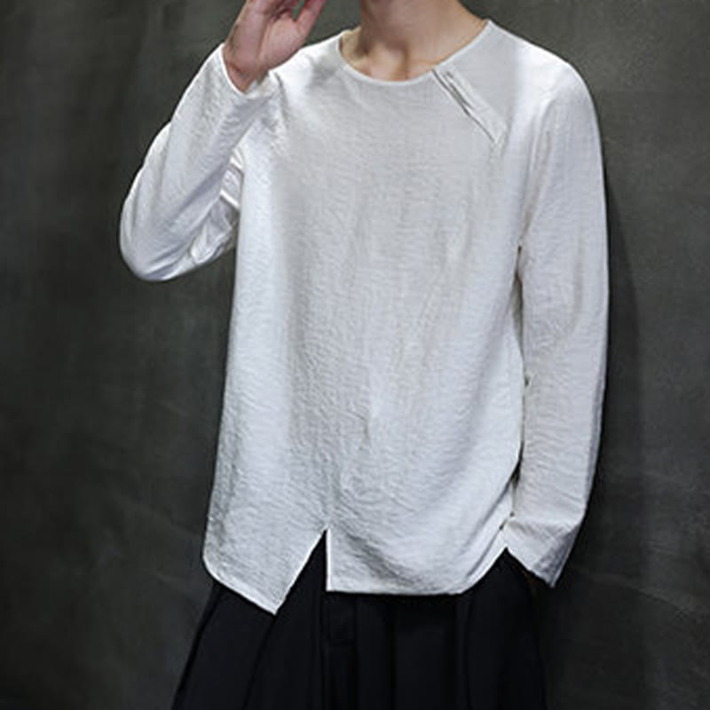 Buddha Stones, einfarbiges, lockeres Herrenhemd mit langen Ärmeln und Rundhalsausschnitt - image 10