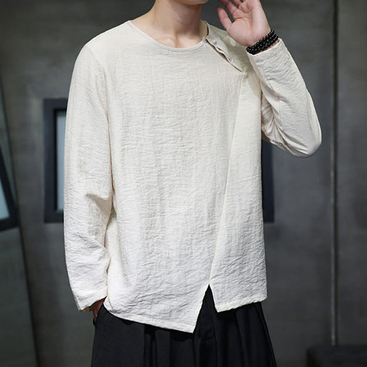 Buddha Stones Einfarbige, lockere Langarm-Herrenhemden aus Baumwolle mit Rundhalsausschnitt - image 23