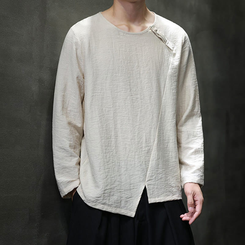 Buddha Stones Einfarbige, lockere Langarm-Herrenhemden aus Baumwolle mit Rundhalsausschnitt - image 21