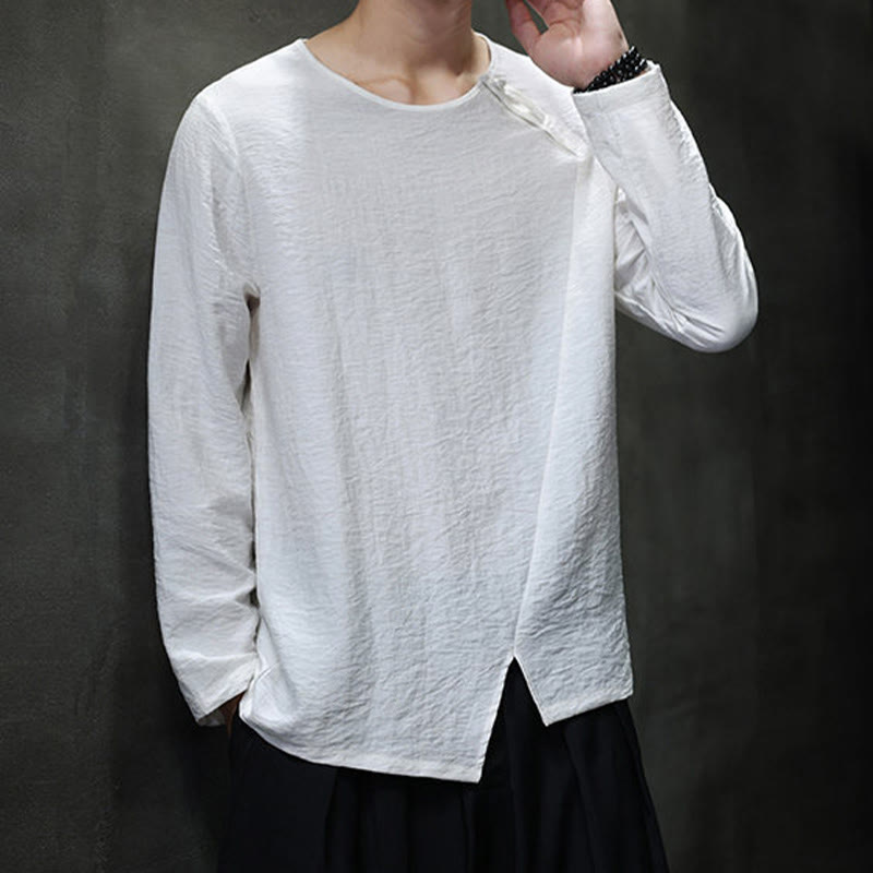 Buddha Stones Einfarbige, lockere Langarm-Herrenhemden aus Baumwolle mit Rundhalsausschnitt - image 9