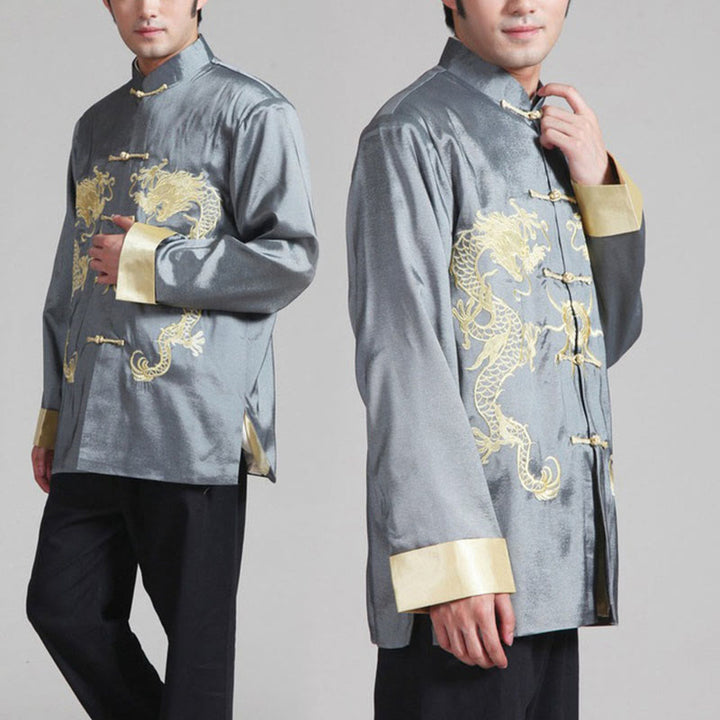 Buddha Stones, Drachenstickerei, gedrehte Ärmel, lässige Froschknopf-Polyesterfaser, Herrenjacke, Hemd, Hose, Kleidung - Grau - US/ UK/AU42，EU52 (3XL) - image 8