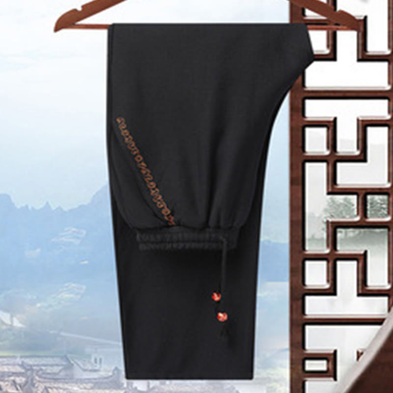 Buddha Stones, Drachenstickerei, gedrehte Ärmel, lässige Froschknopf-Polyesterfaser, Herrenjacke, Hemd, Hose, Kleidung - Schwarze Hose (Fleece) - US/ UK/AU42，EU52 (3XL) - image 23