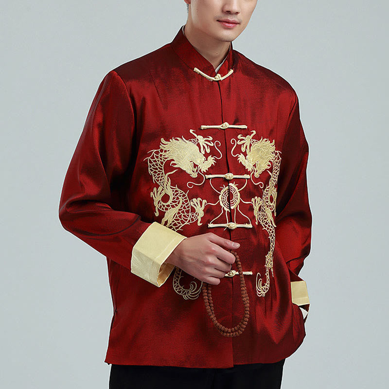 Buddha Stones, Drachenstickerei, gedrehte Ärmel, lässige Froschknopf-Polyesterfaser, Herrenjacke, Hemd, Hose, Kleidung - Dunkelrot (Vlies) - US/ UK/AU42，EU52 (3XL) - image 1