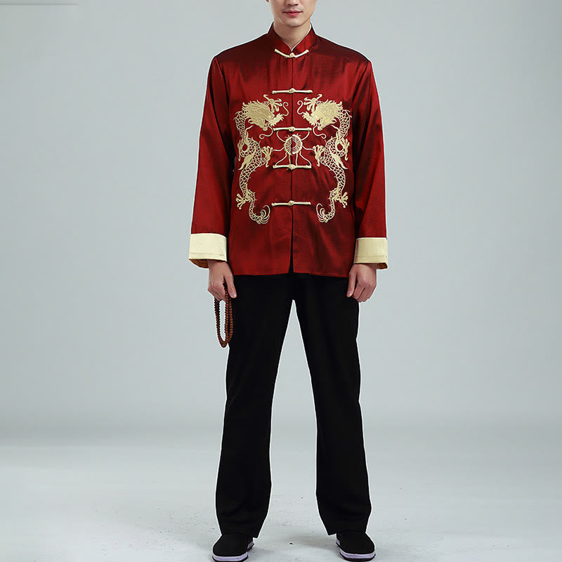 Buddha Stones, Drachenstickerei, gedrehte Ärmel, lässige Froschknopf-Polyesterfaser, Herrenjacke, Hemd, Hose, Kleidung - image 3