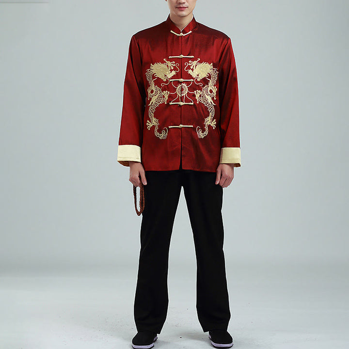 Buddha Stones, Drachenstickerei, gedrehte Ärmel, lässige Froschknopf-Polyesterfaser, Herrenjacke, Hemd, Hose, Kleidung - image 3