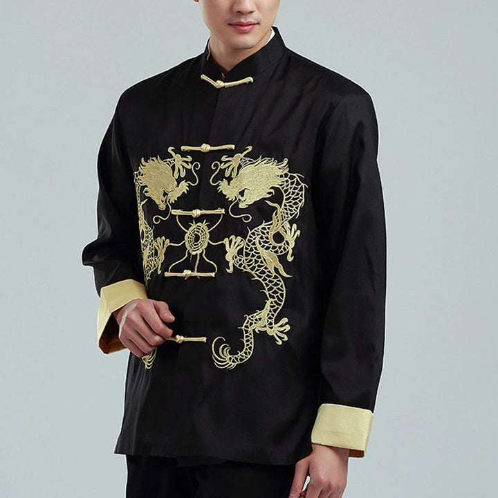 Buddha Stones, Drachenstickerei, gedrehte Ärmel, lässige Froschknopf-Polyesterfaser, Herrenjacke, Hemd, Hose, Kleidung - Schwarz (Vlies) - US/ UK/AU42，EU52 (3XL) - image 10