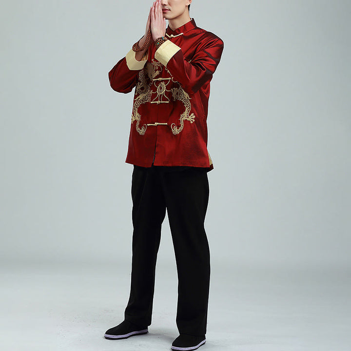 Buddha Stones, Drachenstickerei, gedrehte Ärmel, lässige Froschknopf-Polyesterfaser, Herrenjacke, Hemd, Hose, Kleidung - image 4