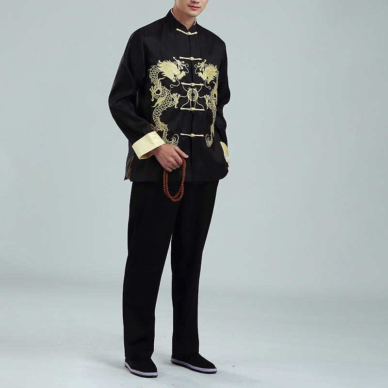 Buddha Stones, Drachenstickerei, gedrehte Ärmel, lässige Froschknopf-Polyesterfaser, Herrenjacke, Hemd, Hose, Kleidung - image 14