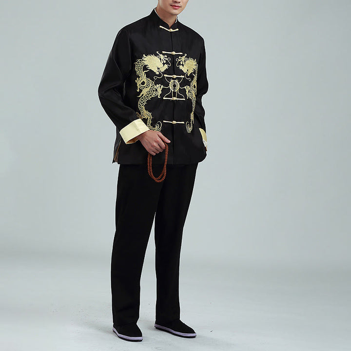 Buddha Stones, Drachenstickerei, gedrehte Ärmel, lässige Froschknopf-Polyesterfaser, Herrenjacke, Hemd, Hose, Kleidung - image 14