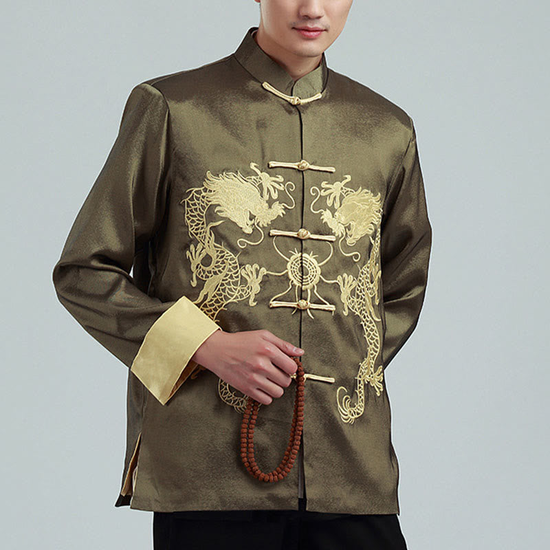 Buddha Stones, Drachenstickerei, gedrehte Ärmel, lässige Froschknopf-Polyesterfaser, Herrenjacke, Hemd, Hose, Kleidung - Olive - US/ UK/AU42，EU52 (3XL) - image 19