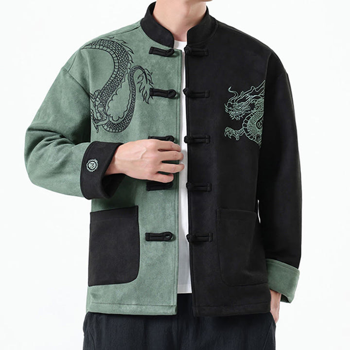 Buddha Stones Drachen Stickerei Casual Frosch-taste Baumwolle herren Jacke Hemd Kleidung