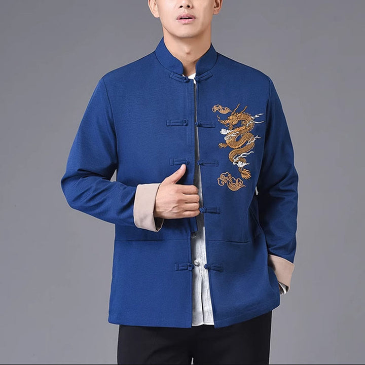 Buddha Stones, Drachen-Stickerei, Frosch-Knopf, Polyester, Herrenjacke, Hemd, Kleidung mit Taschen - Dunkelblau - US/ UK/AU44，EU54 (4XL) - image 16