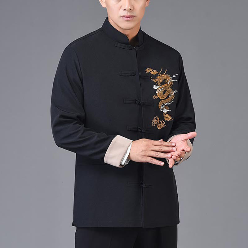 Buddha Stones, Drachen-Stickerei, Frosch-Knopf, Polyester, Herrenjacke, Hemd, Kleidung mit Taschen - image 3
