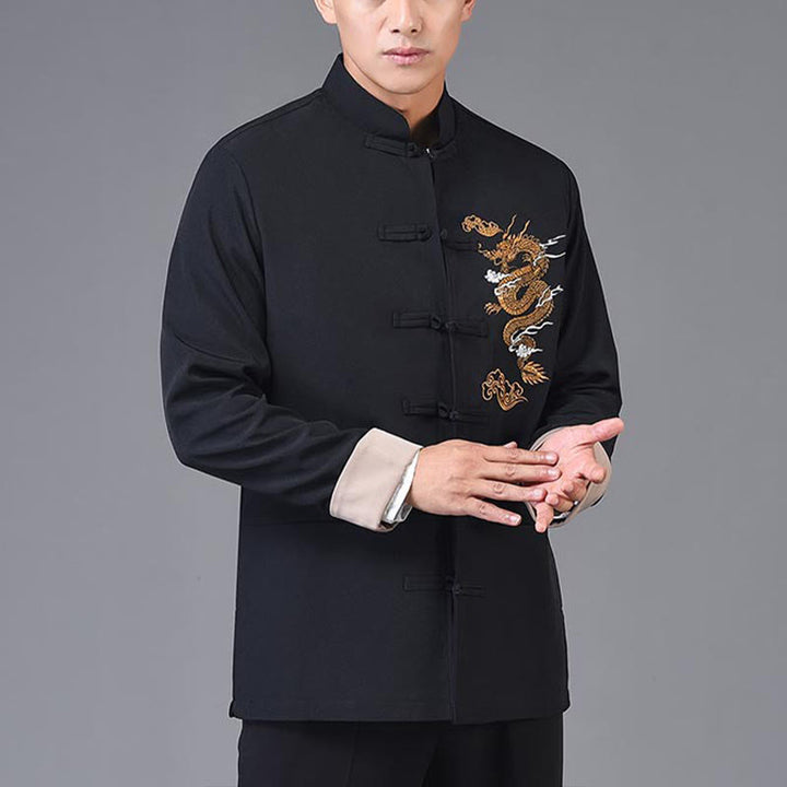 Buddha Stones, Drachen-Stickerei, Frosch-Knopf, Polyester, Herrenjacke, Hemd, Kleidung mit Taschen - image 3