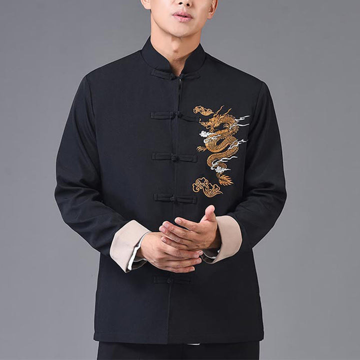 Buddha Stones, Drachen-Stickerei, Frosch-Knopf, Polyester, Herrenjacke, Hemd, Kleidung mit Taschen - image 4